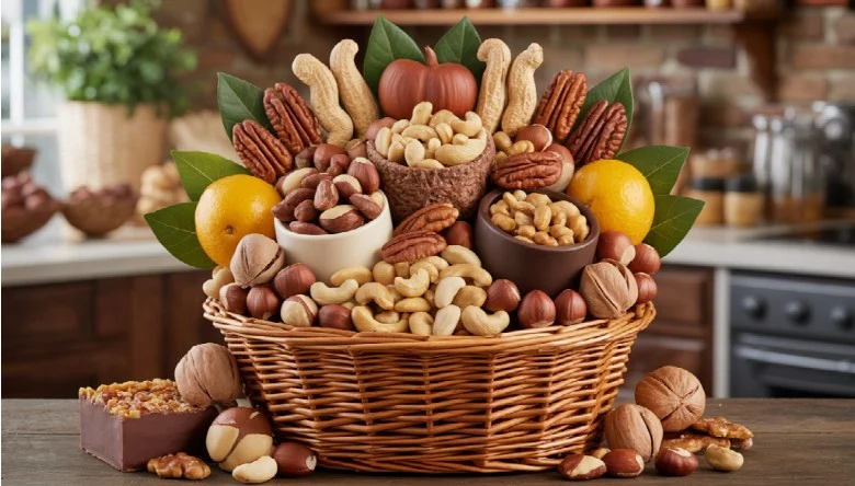 The image showcases a stunning nut gift basket brimming with an assortment of nuts like almonds, cashews, Brazil nuts, and more.
