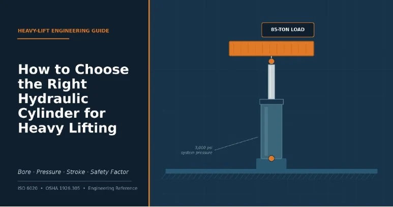 A practical, standards-based guide to sizing bore, pressure, stroke, and safety factor for heavy-lift applications.