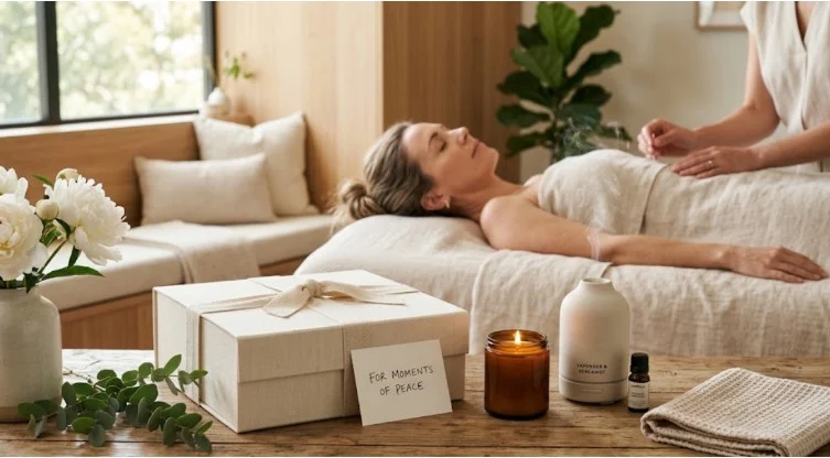A relaxing wellness gift experience featuring acupuncture treatment and self care concept for people who value health and relaxation